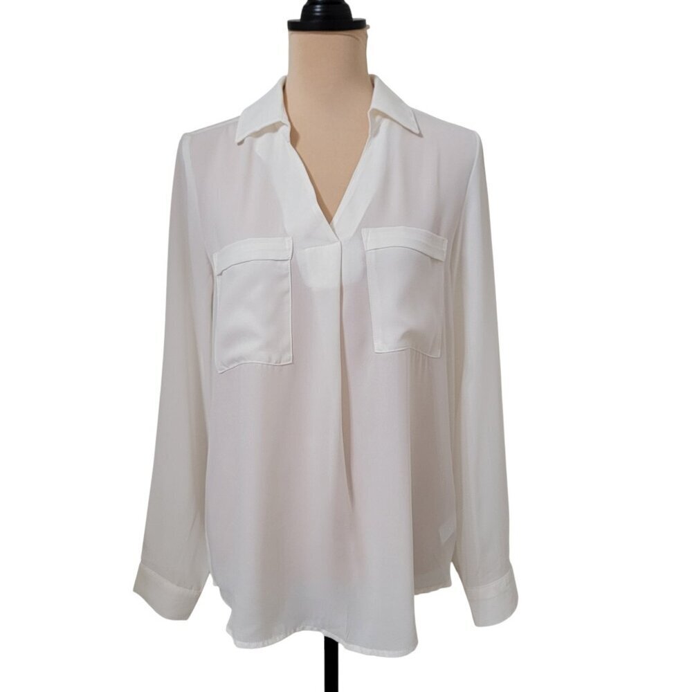 Maurices Size S Ivory Semi-Sheer Popover V-Neck Blouse with Chest Pockets, NEW
